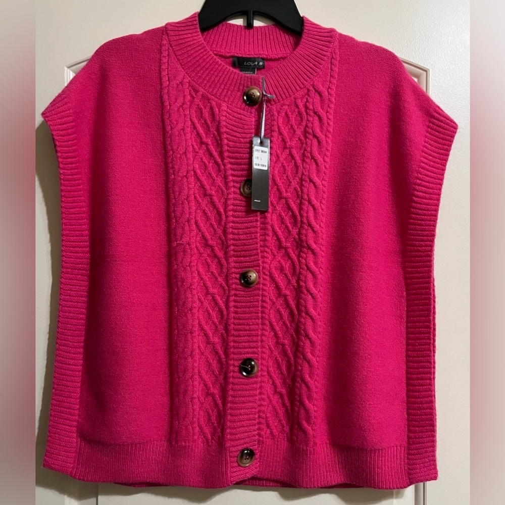 NWT Lola B Women's Vibrant Fuchsia Cable Knit Sleeveless Cardigan Sweater Large